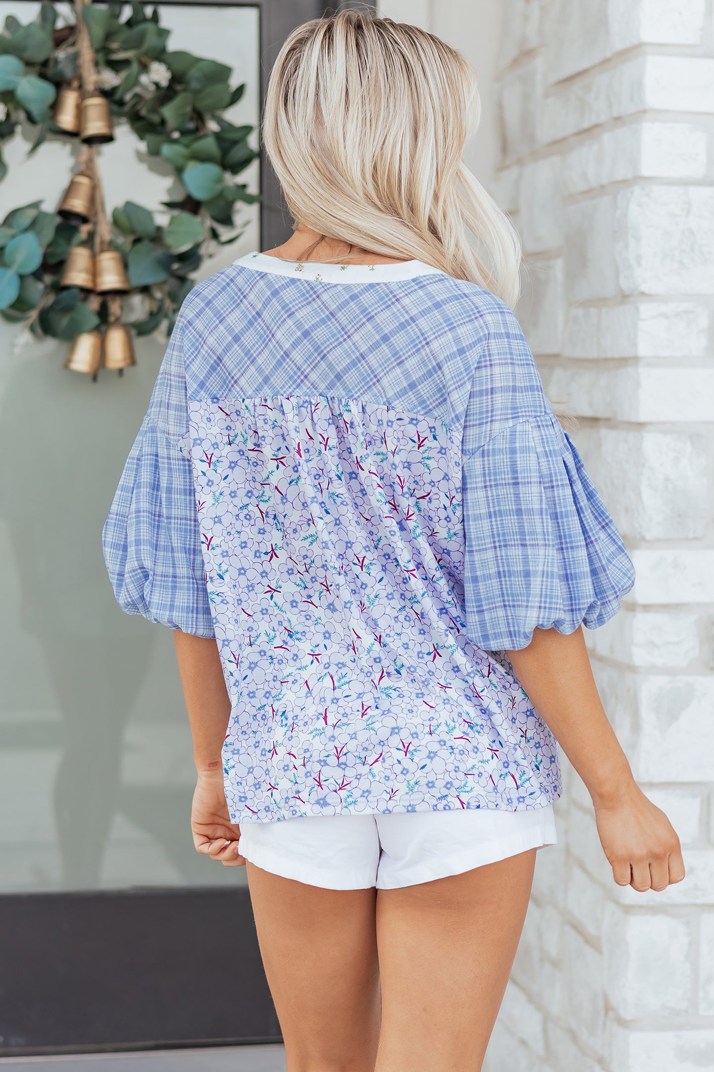 Beau Blue Color Block Plaid Bubble Sleeve Patchwork Blouse-Tops/Blouses & Shirts-[Adult]-[Female]-2022 Online Blue Zone Planet