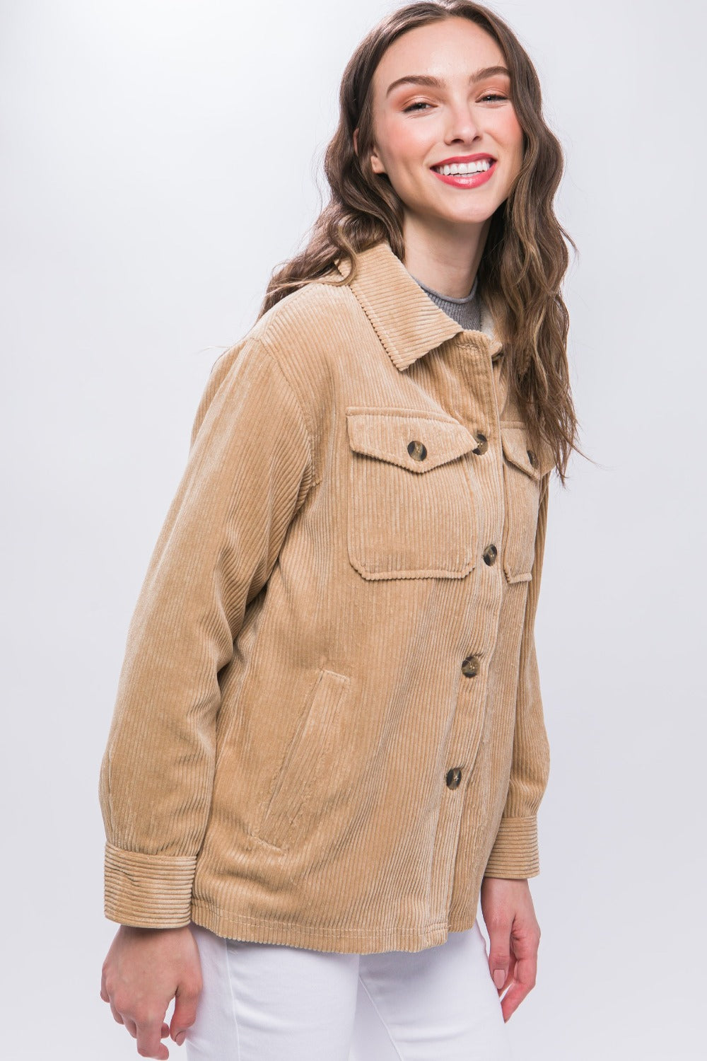 Love Tree Corduroy Button Up Jacket with Sherpa Inside-TOPS / DRESSES-[Adult]-[Female]-2022 Online Blue Zone Planet