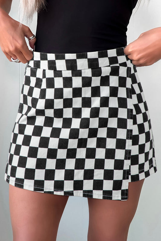 Black Checkered Print Overlap Denim Shorts-Bottoms/Denim Shorts-[Adult]-[Female]-Black-4-2022 Online Blue Zone Planet