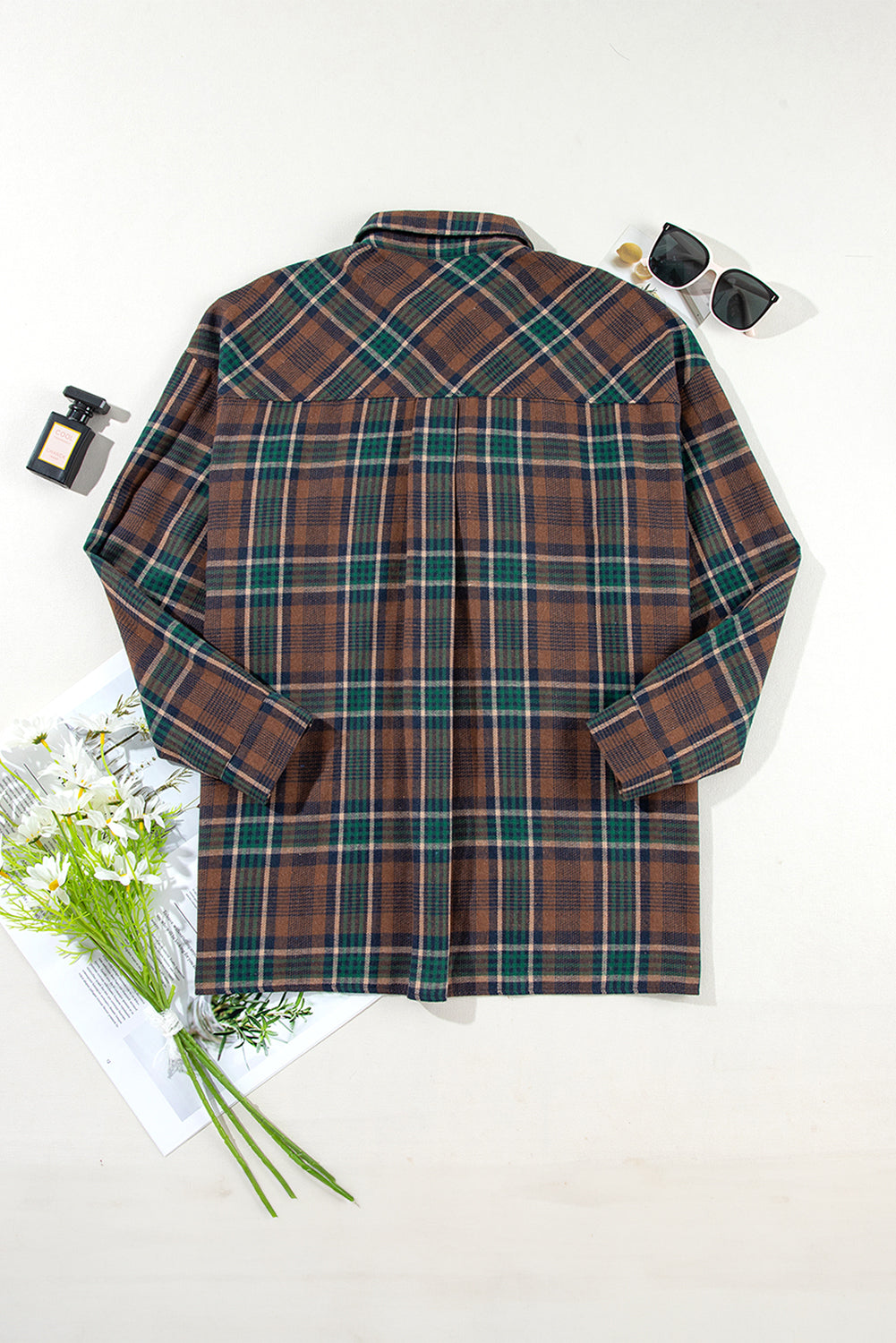 Brown Plaid Print Chest Pockets Buttoned Shirt Jacket-Outerwear/Plaid Shackets-[Adult]-[Female]-2022 Online Blue Zone Planet