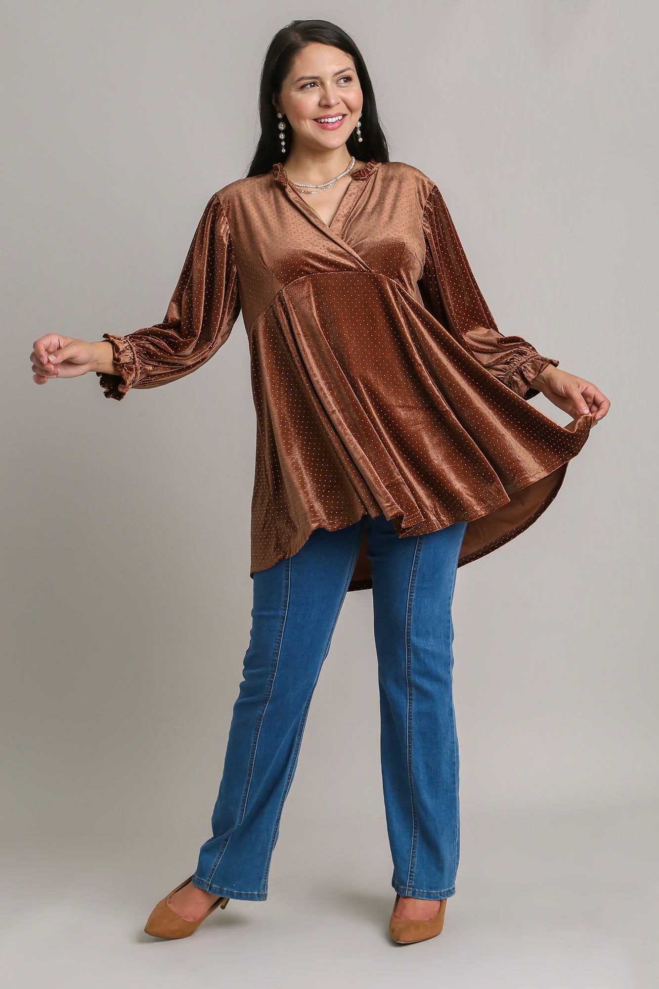 Blue Zone Planet | Umgee Full Size Beaded Frill Flounce Sleeve Velvet Babydoll Blouse-TOPS / DRESSES-[Adult]-[Female]-2022 Online Blue Zone Planet