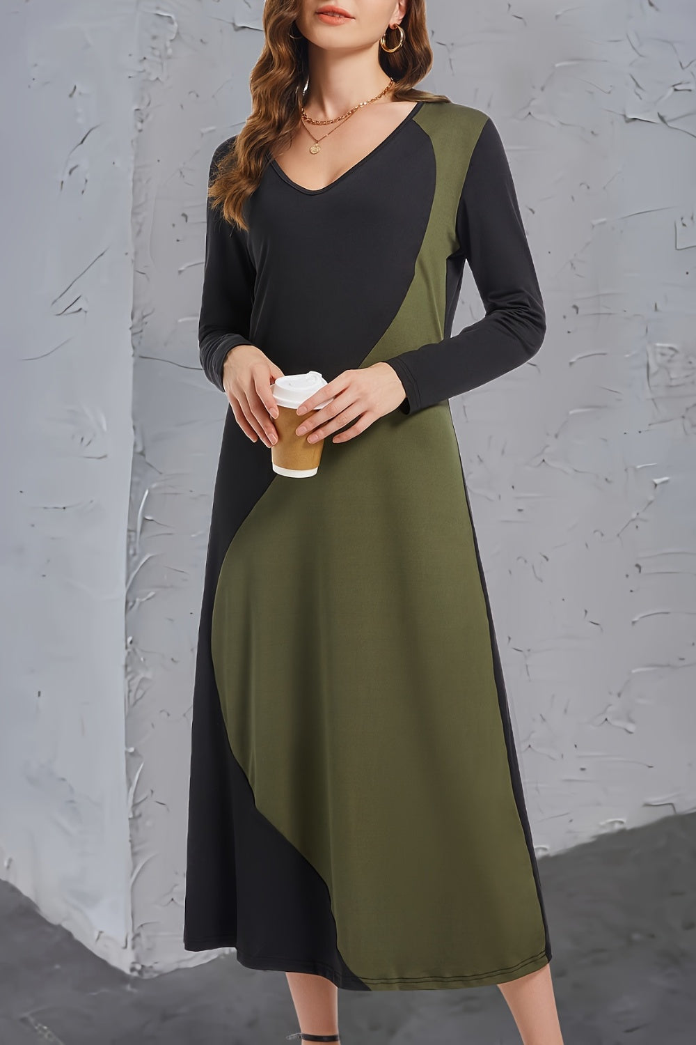 Contrast Long Sleeve Midi Dress-TOPS / DRESSES-[Adult]-[Female]-2022 Online Blue Zone Planet