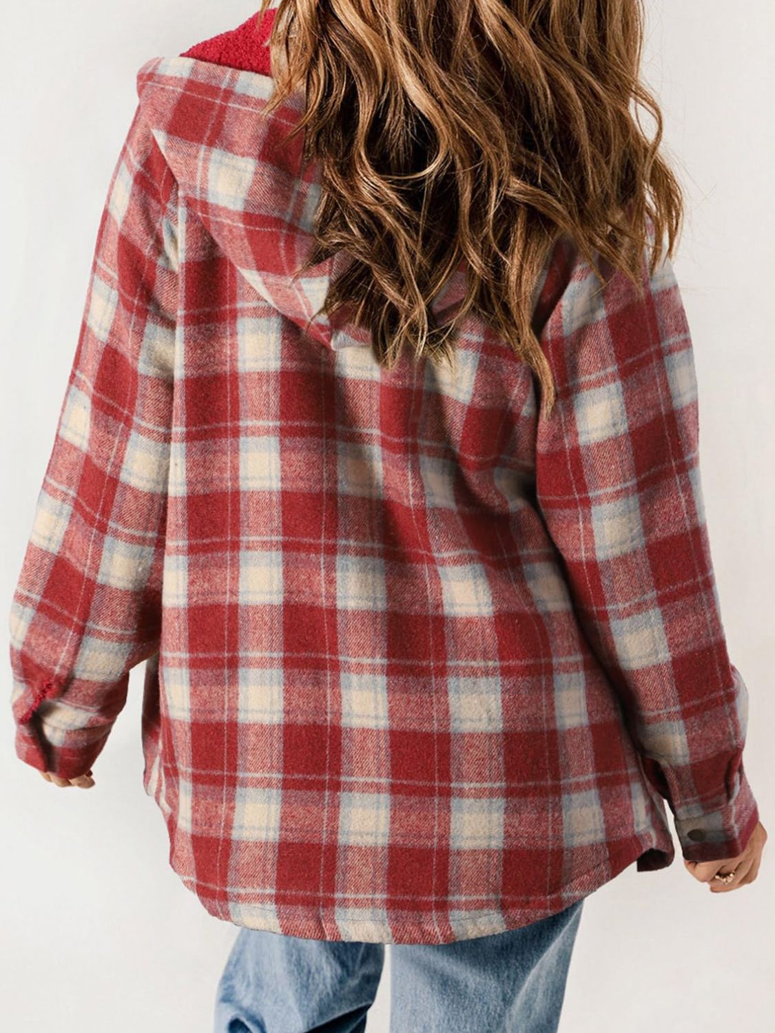 Plaid Snap Down Plush Hooded Jacket-TOPS / DRESSES-[Adult]-[Female]-2022 Online Blue Zone Planet