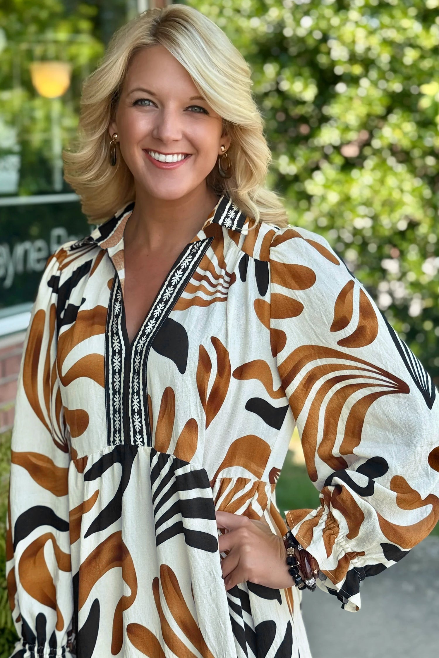 Brown Tropical Printed Contrast Trim Neck Long Sleeve Ruffle Hem Dress-Dresses/Maxi Dresses-[Adult]-[Female]-2022 Online Blue Zone Planet