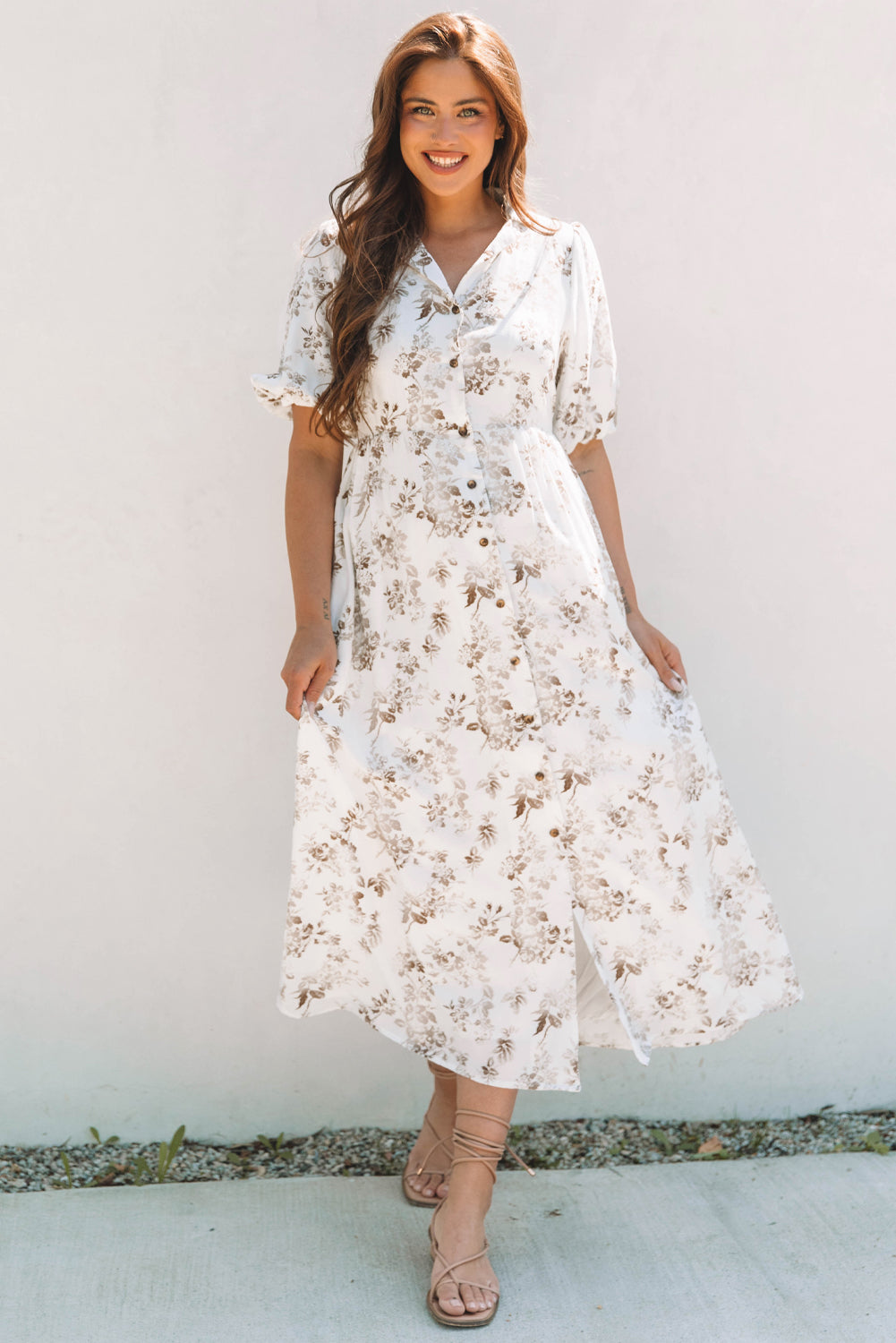 Khaki Floral Puff Sleeve V Neck Buttoned Front Maxi Dress-Dresses/Maxi Dresses-[Adult]-[Female]-2022 Online Blue Zone Planet