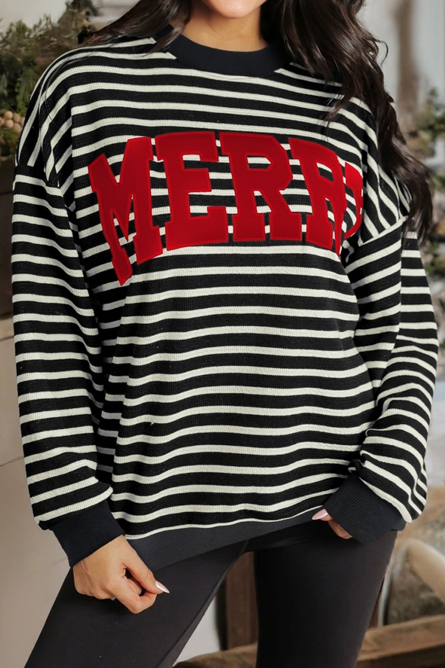Black Stripe Contrast MERRY Letter Christmas Print Drop Shoulder Sweatshirt-Tops/Sweatshirts & Hoodies-[Adult]-[Female]-2022 Online Blue Zone Planet