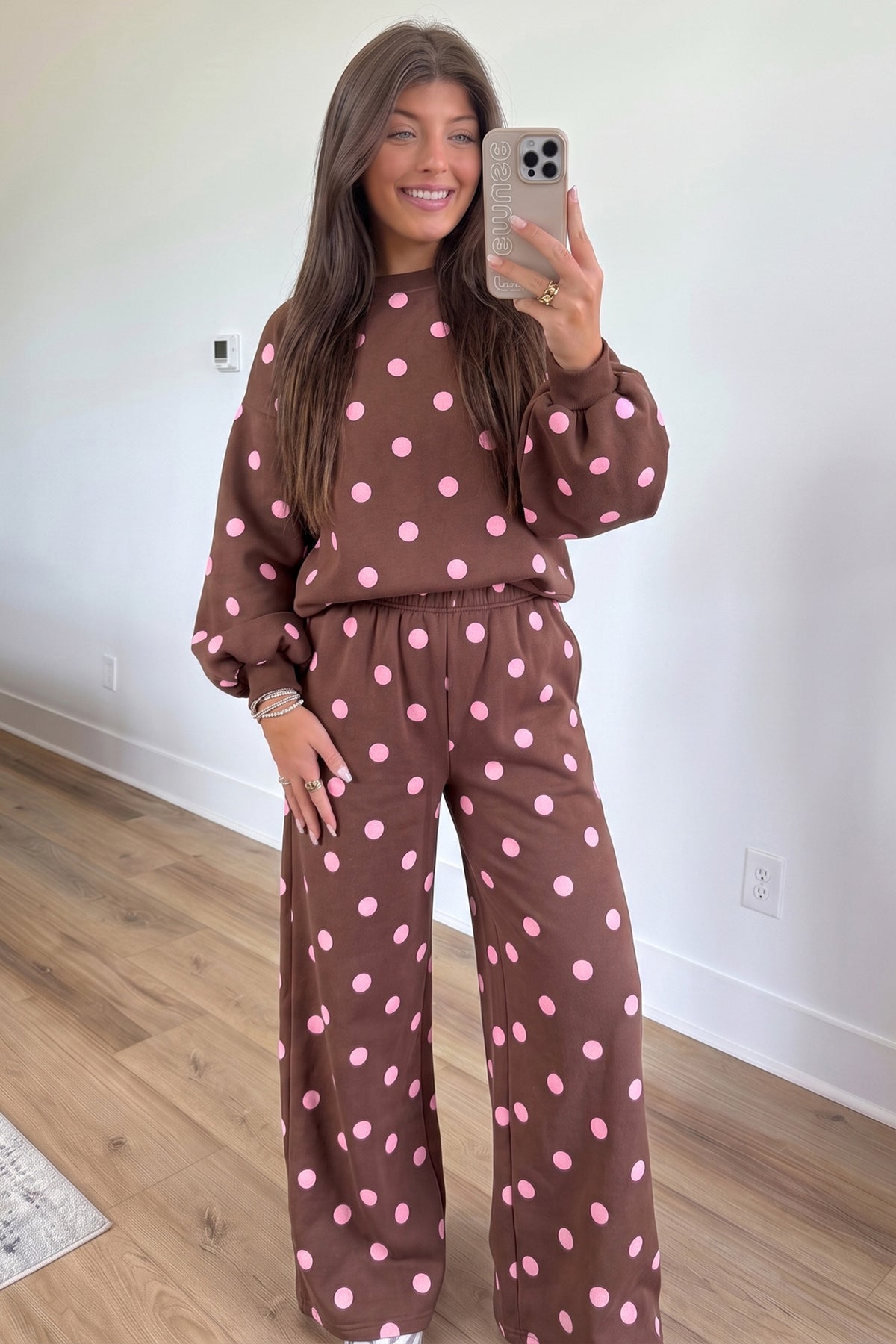 Pink Polka Dot Puff Sleeve Top Casual Pants 2pcs Set-Two Piece Sets/Pant Sets-[Adult]-[Female]-2022 Online Blue Zone Planet