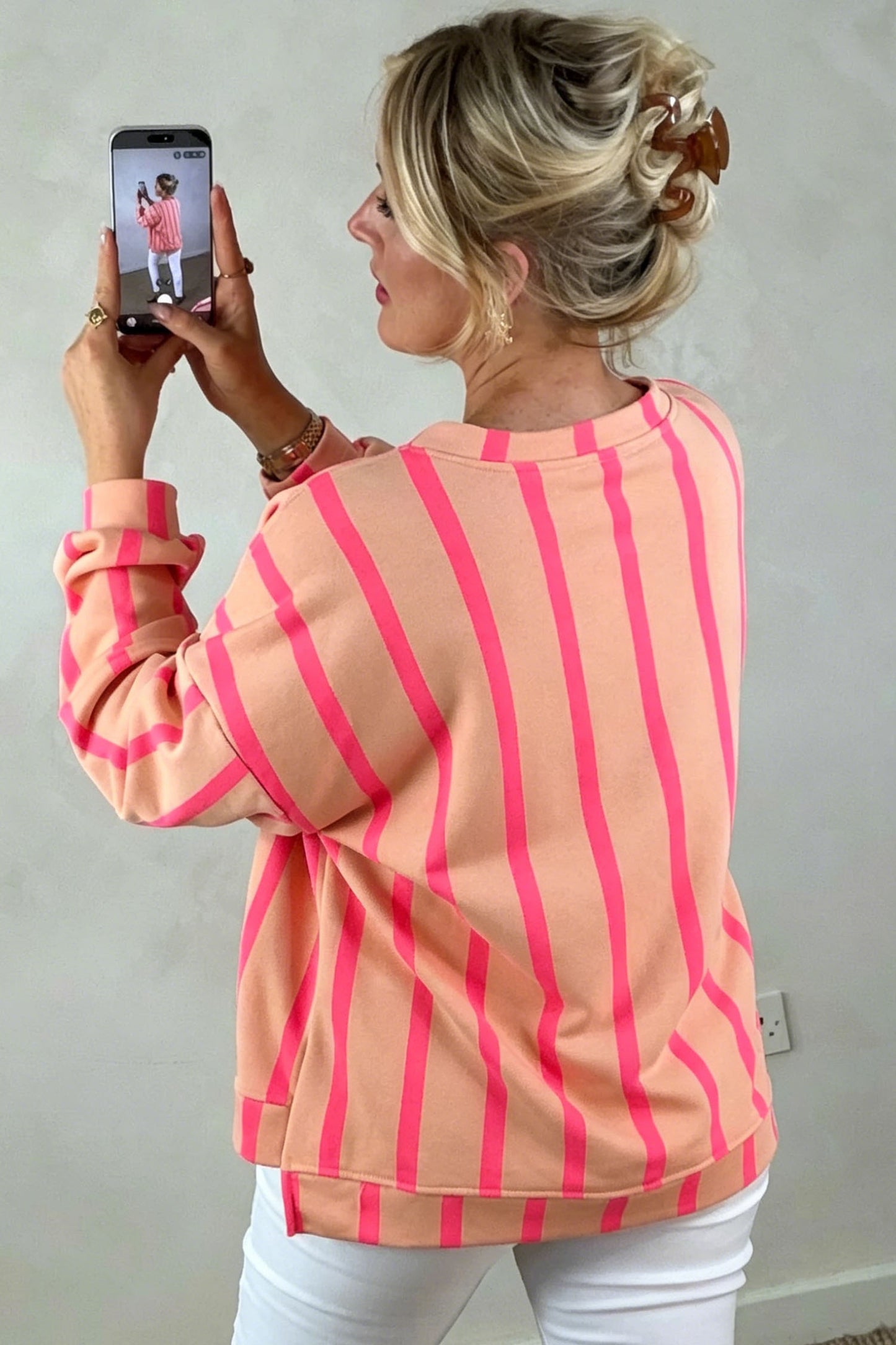 Pink Stripe Dropped Shoulder Round Neck Casual Sweatshirt-Tops/Sweatshirts & Hoodies-[Adult]-[Female]-2022 Online Blue Zone Planet