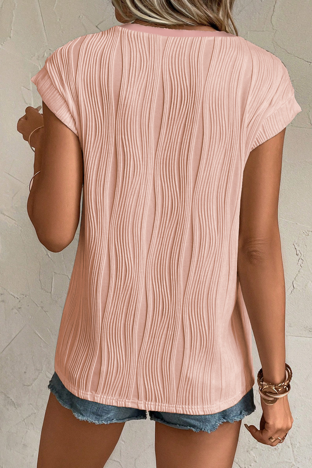 Pink Wavy Textured Button V Neck Tee-Tops/Tops & Tees-[Adult]-[Female]-2022 Online Blue Zone Planet