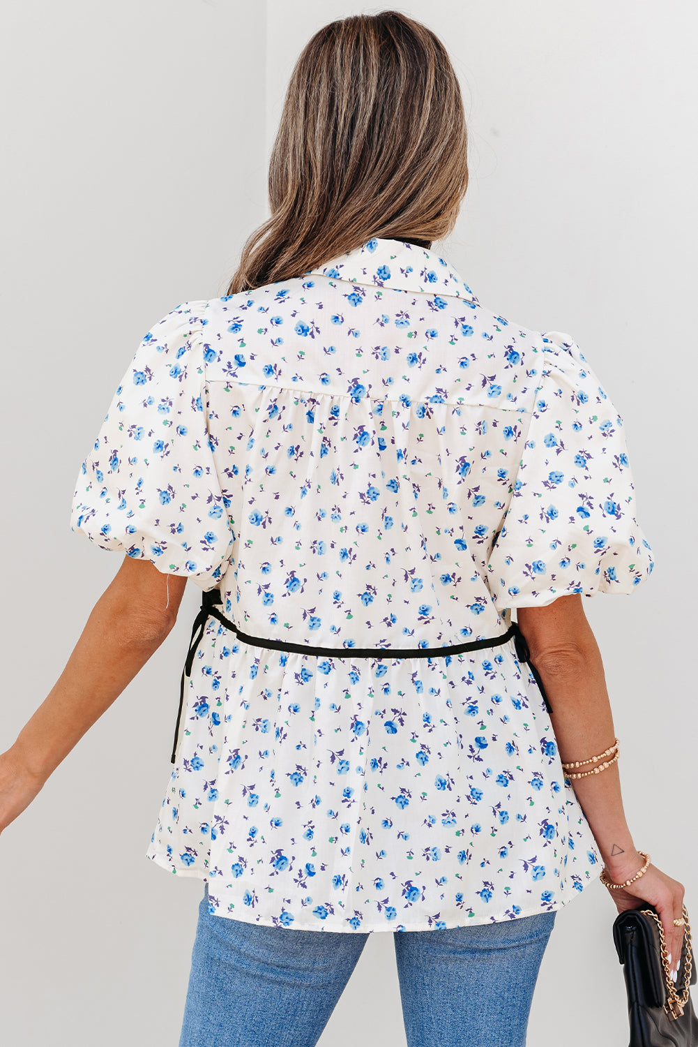 White Contrast Trim Floral Puff Short Sleeve Shirt-Tops/Blouses & Shirts-[Adult]-[Female]-2022 Online Blue Zone Planet