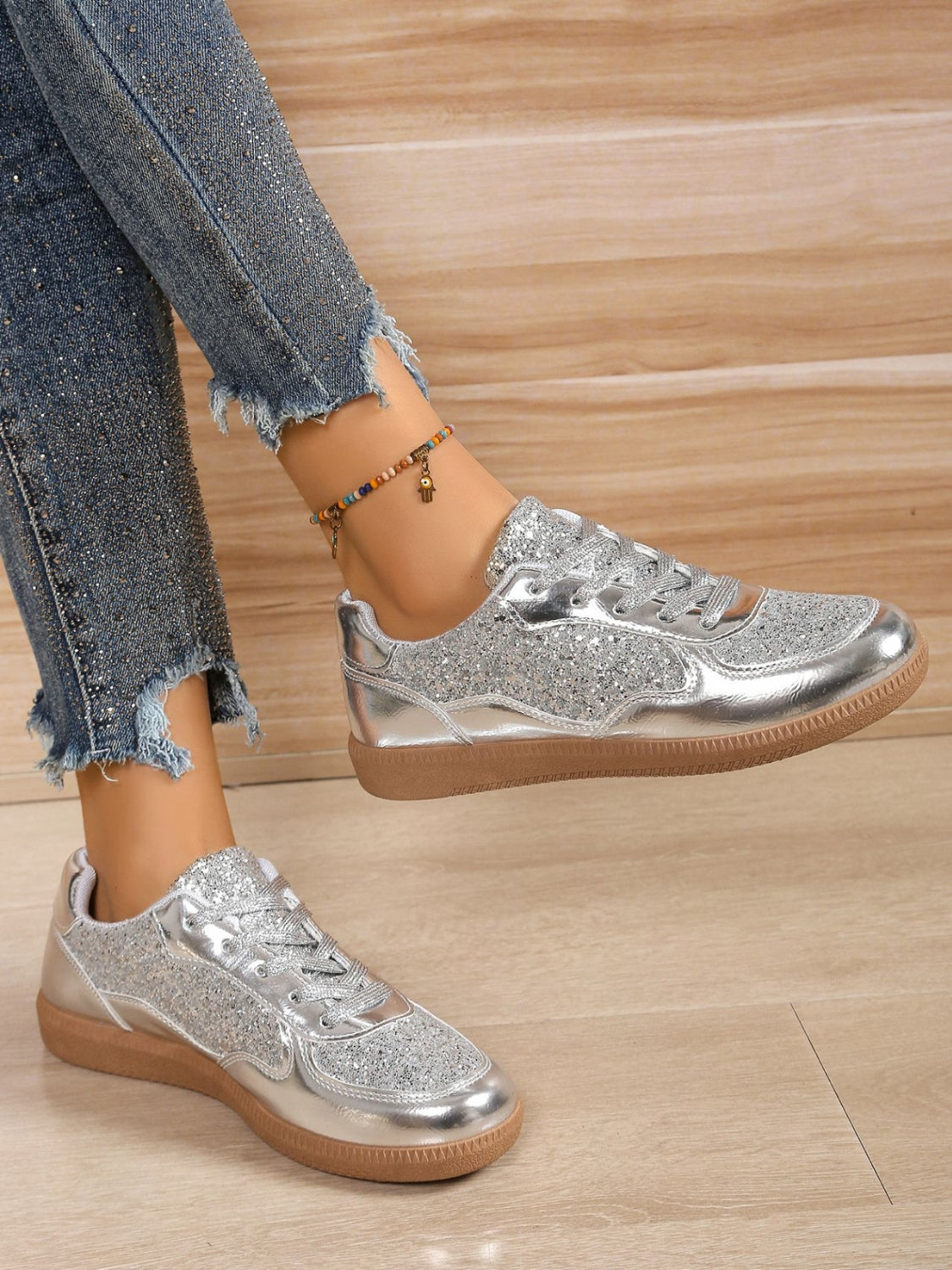 Sequin PU Leather Flat Sneakers-SHOES-[Adult]-[Female]-Silver-36(US5)-2022 Online Blue Zone Planet