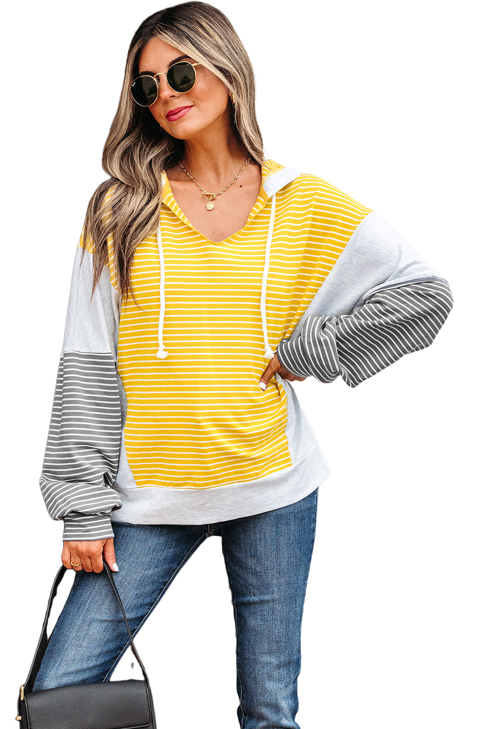 Yellow Stripe Color Block Drawstring V Neck Loose Fit Hooded Top-Tops/Sweatshirts & Hoodies-[Adult]-[Female]-2022 Online Blue Zone Planet