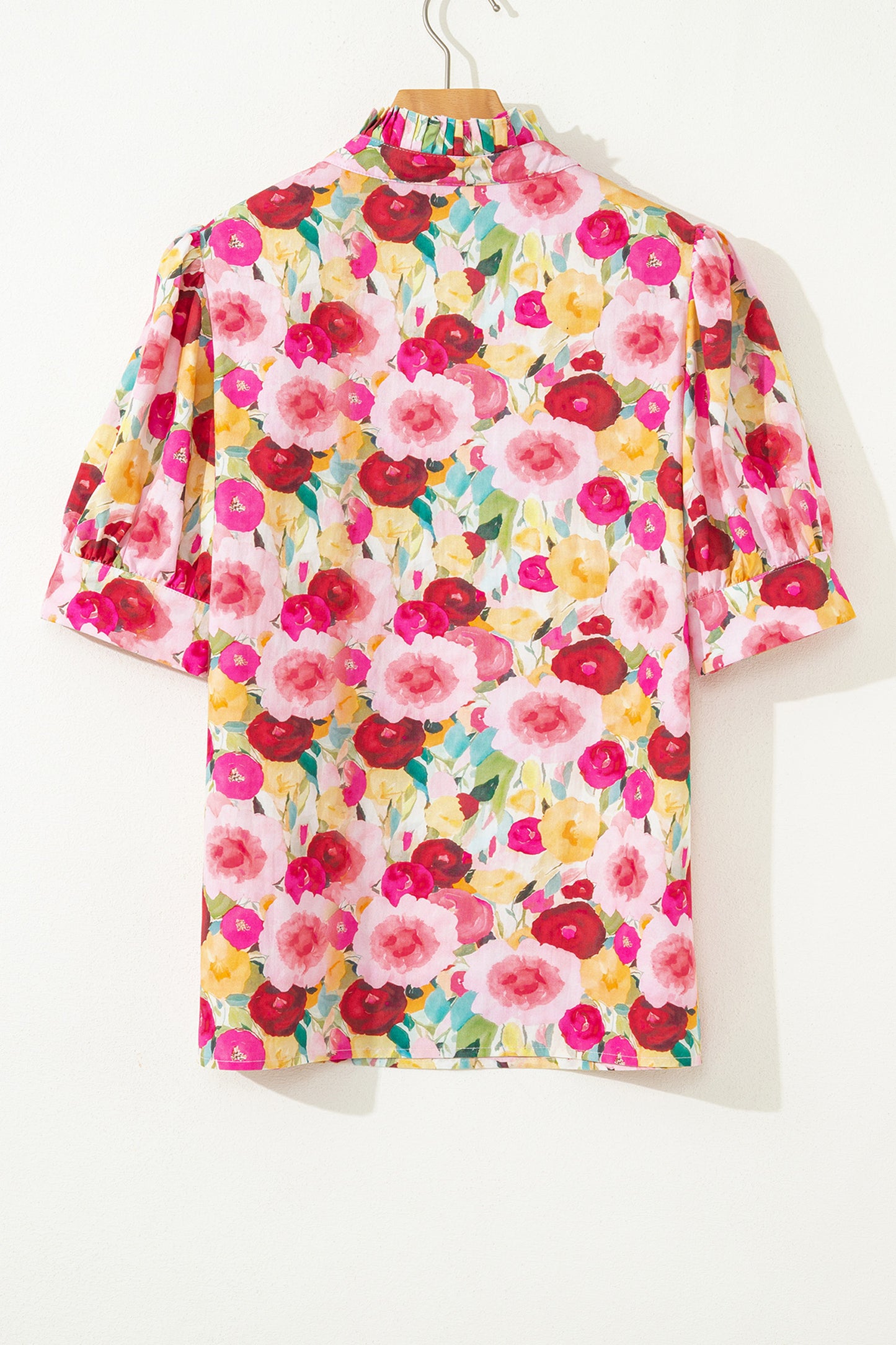 Pink Floral Frilled V Neck Puff Short Sleeve Blouse-Tops/Blouses & Shirts-[Adult]-[Female]-2022 Online Blue Zone Planet