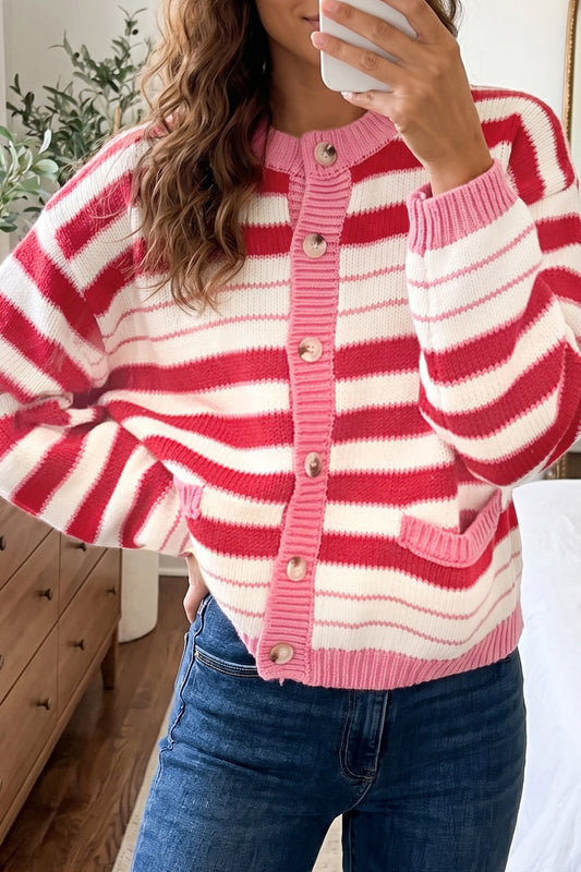 Red Stripe V Neck Long Sleeve Regular Fit Cardigan-Sweaters & Cardigans/Cardigans-[Adult]-[Female]-Red Stripe-S-2022 Online Blue Zone Planet