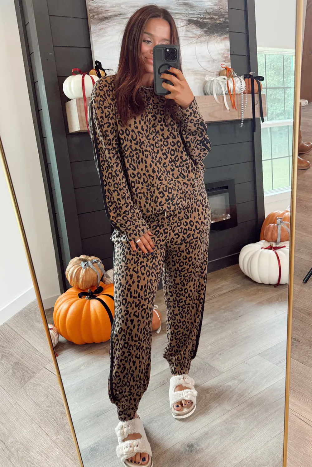 Brown Varsity Striped Trim Leopard Long Sleeve Top Drawstring Pant Set-Two Piece Sets/Pant Sets-[Adult]-[Female]-2022 Online Blue Zone Planet
