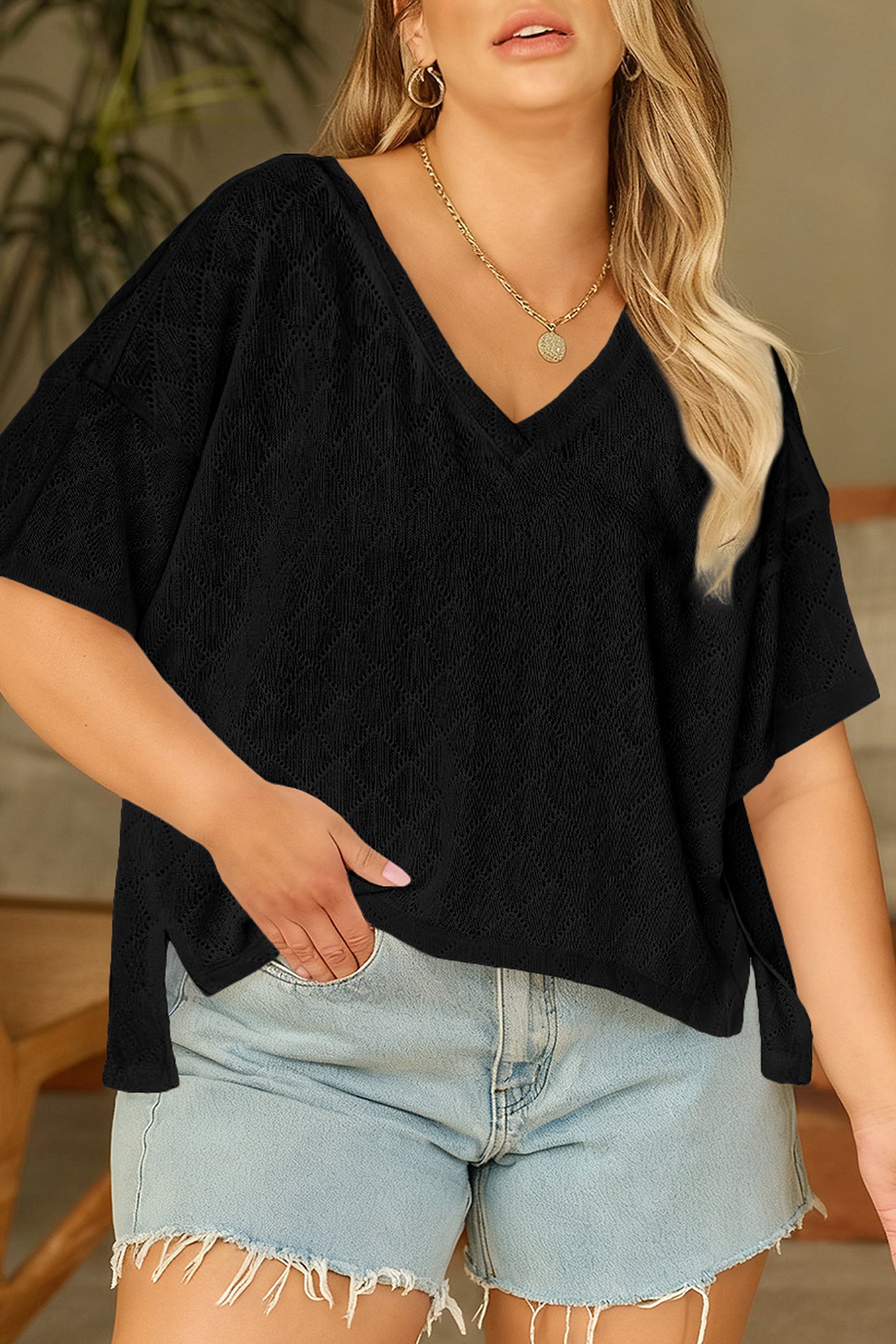 Sky Blue Pointelle Rhombus Knit Plus Size V Neck Loose Top-Plus Size/Plus Size Tops/Plus Size Tops & Tees-[Adult]-[Female]-Black-L-2022 Online Blue Zone Planet