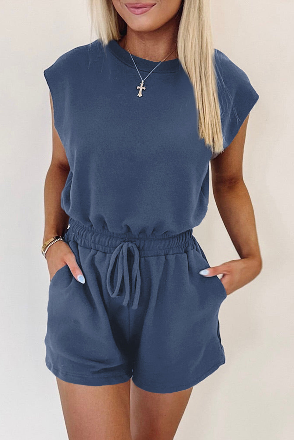 Ashleigh Blue Knit Open Back Cap Sleeve Drawstring Romper-Bottoms/Jumpsuits & Rompers-[Adult]-[Female]-2022 Online Blue Zone Planet