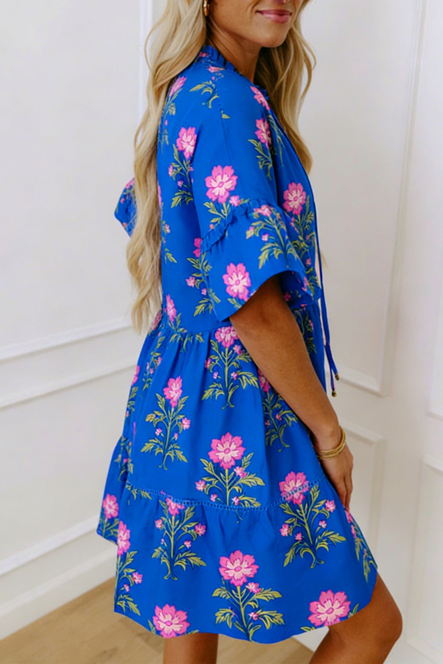 Blue V Neck Short Sleeve Loose Flower Dress-Dresses/Floral Dresses-[Adult]-[Female]-2022 Online Blue Zone Planet