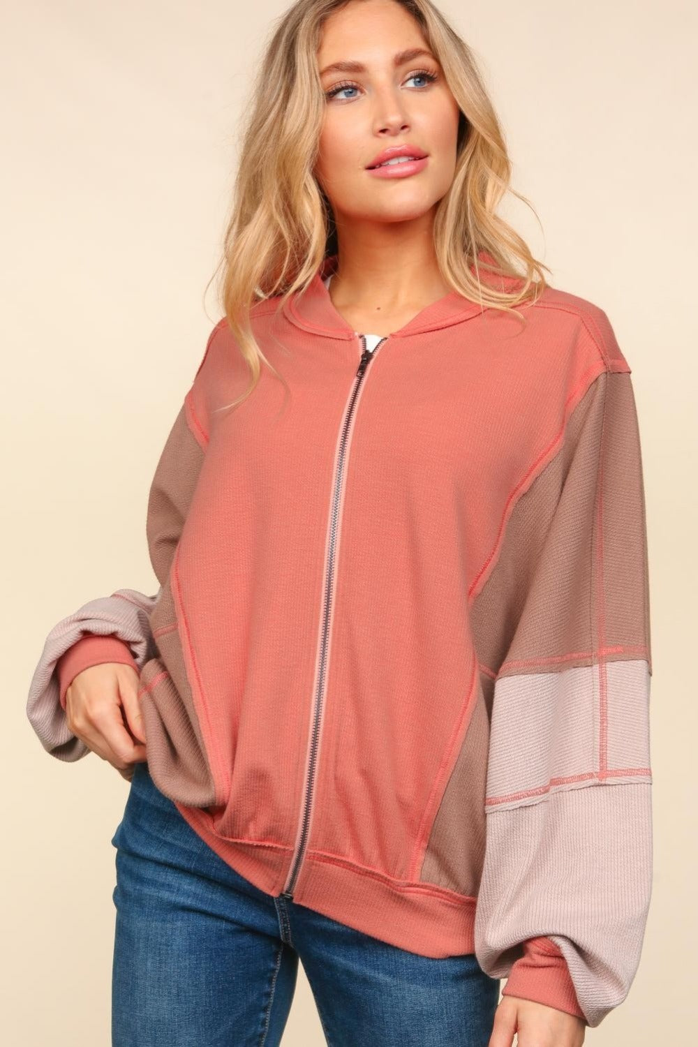 Haptics Zip Up Color Block Bomber Jacket with Side Pockets-TOPS / DRESSES-[Adult]-[Female]-Sienna/Camel/Sand-S-2022 Online Blue Zone Planet