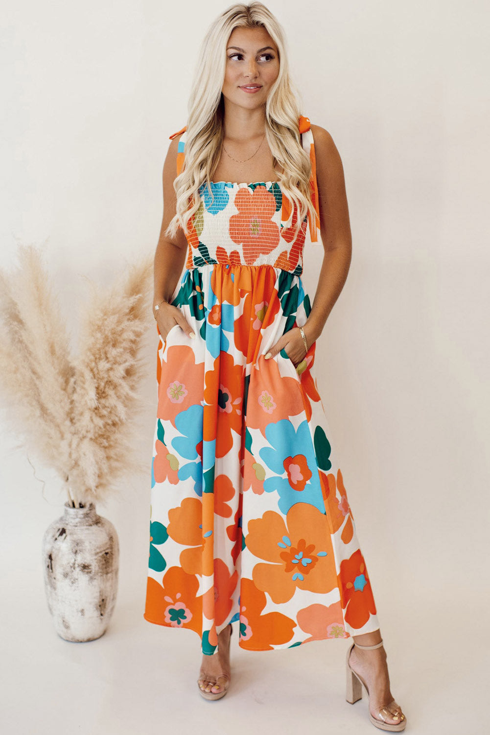 Orange Floral Self Tied Straps Smocked Bust Maxi Dress-Dresses/Floral Dresses-[Adult]-[Female]-2022 Online Blue Zone Planet