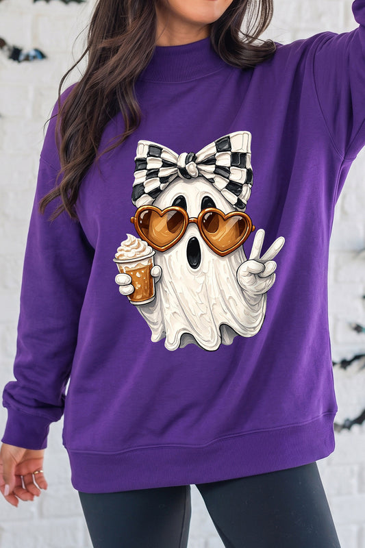 Tillandsia Purple Cute Ghost Print Pullover Mock Neck Sweatshirt-Graphic/Graphic Sweatshirts-[Adult]-[Female]-Tillandsia Purple-S-2022 Online Blue Zone Planet