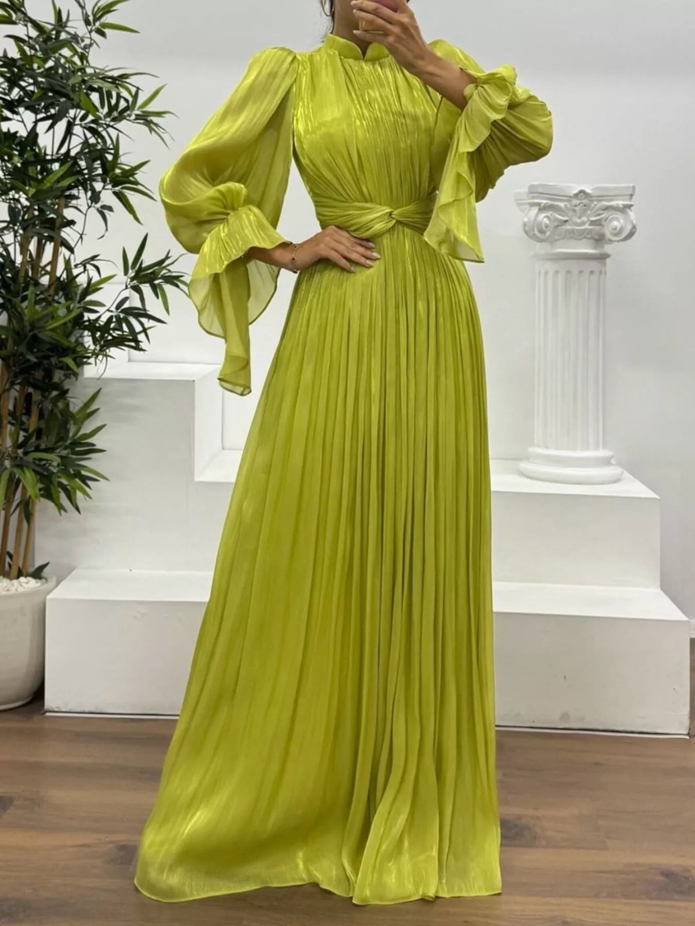 Laura's Pleated Mock Neck Long Sleeve Maxi Dress – Blue Zone Planet