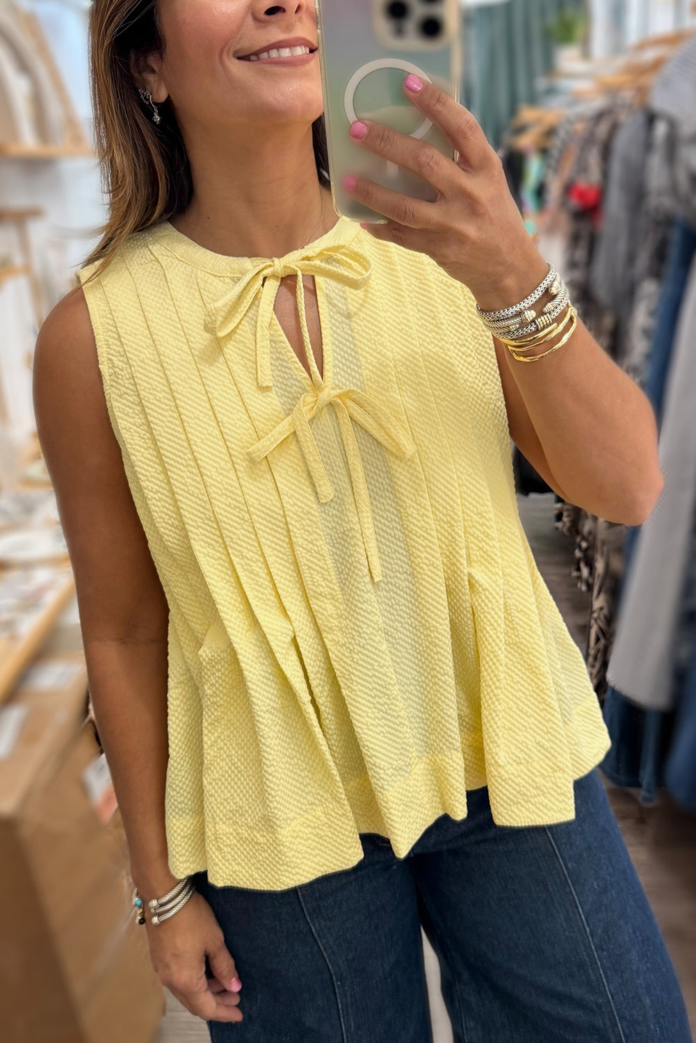 Yellow Cream Bow Tie Notched Neck Pleated Tank Top-Tops/Tank Tops-[Adult]-[Female]-2022 Online Blue Zone Planet