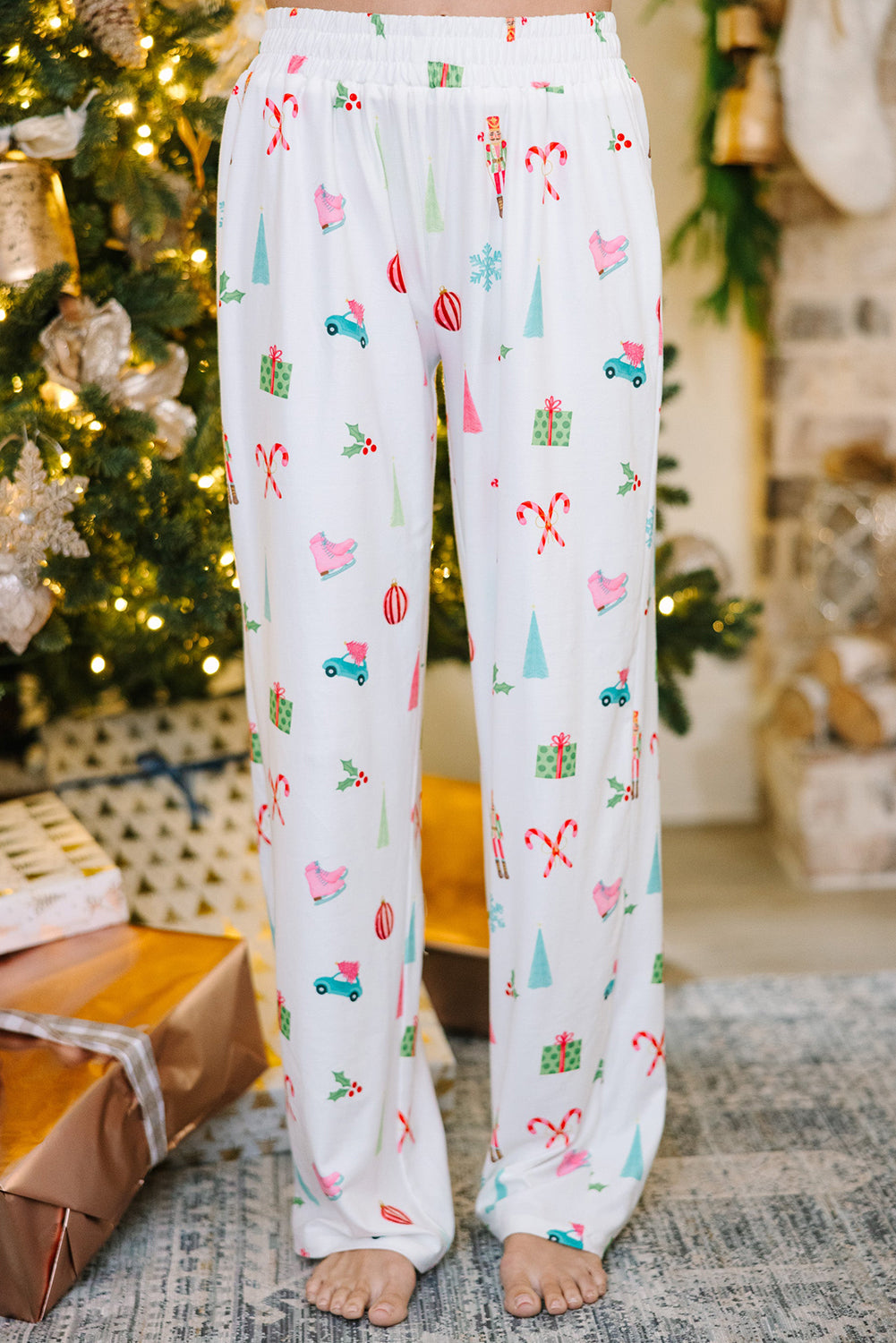 White Christmas Print Lapel Shirt and Pants Pajama Set-Loungewear Set-[Adult]-[Female]-2022 Online Blue Zone Planet