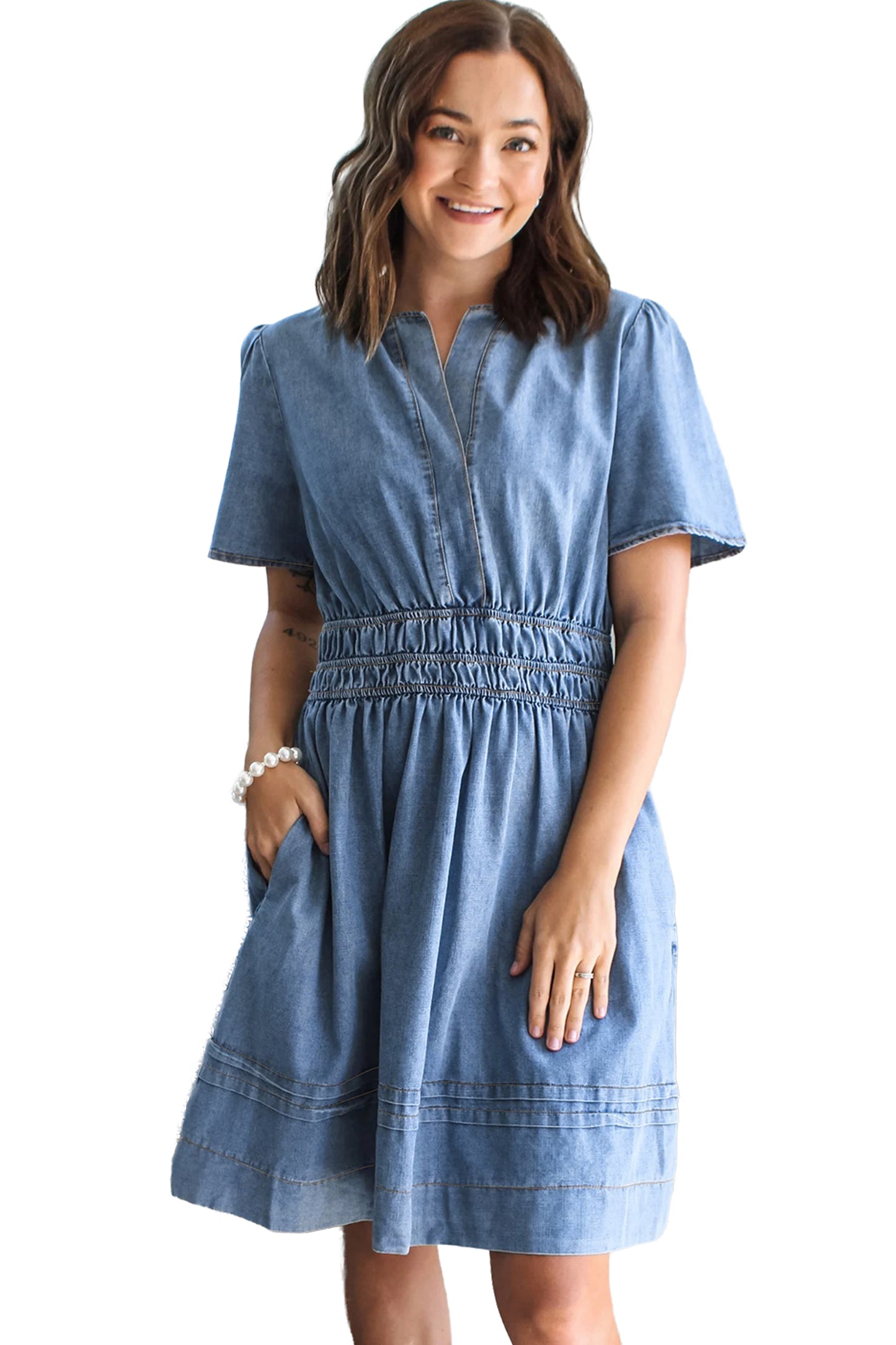 Myosotis Elastic Waist Short Sleeve Denim Mini Dress-Dresses/Mini Dresses-[Adult]-[Female]-2022 Online Blue Zone Planet