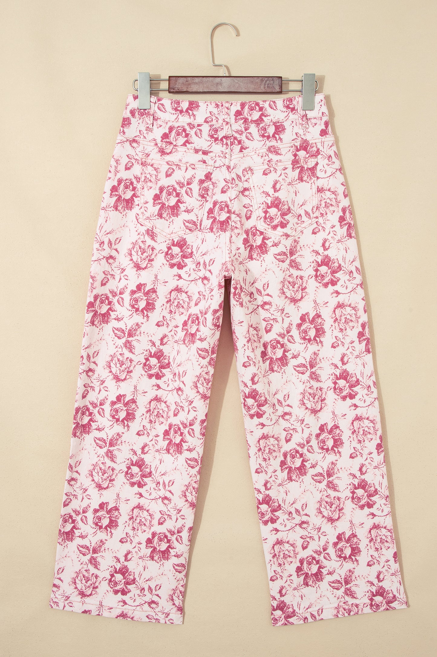 Pink Vintage Floral Print Denim Shift Pants-Bottoms/Jeans-[Adult]-[Female]-2022 Online Blue Zone Planet