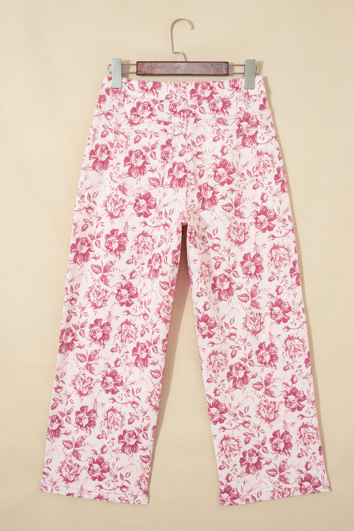 Pink Vintage Floral Print Denim Shift Pants-Bottoms/Jeans-[Adult]-[Female]-2022 Online Blue Zone Planet