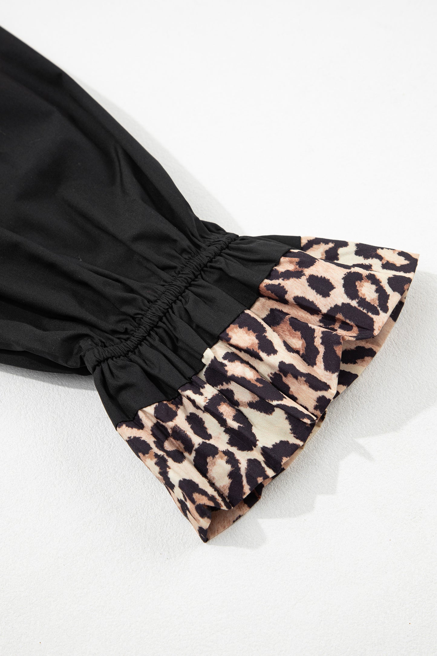 Black Plus Size Split Neck Leopard Trim Flounced Long Sleeve Blouse-Plus Size/Plus Size Tops/Plus Size Blouses & Shirts-[Adult]-[Female]-2022 Online Blue Zone Planet