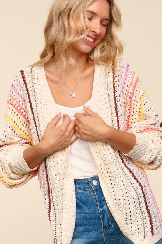 Haptics Full Size Striped Crochet Open Front Cardigan-TOPS / DRESSES-[Adult]-[Female]-Oatmeal/Coral/Yellow-S-2022 Online Blue Zone Planet