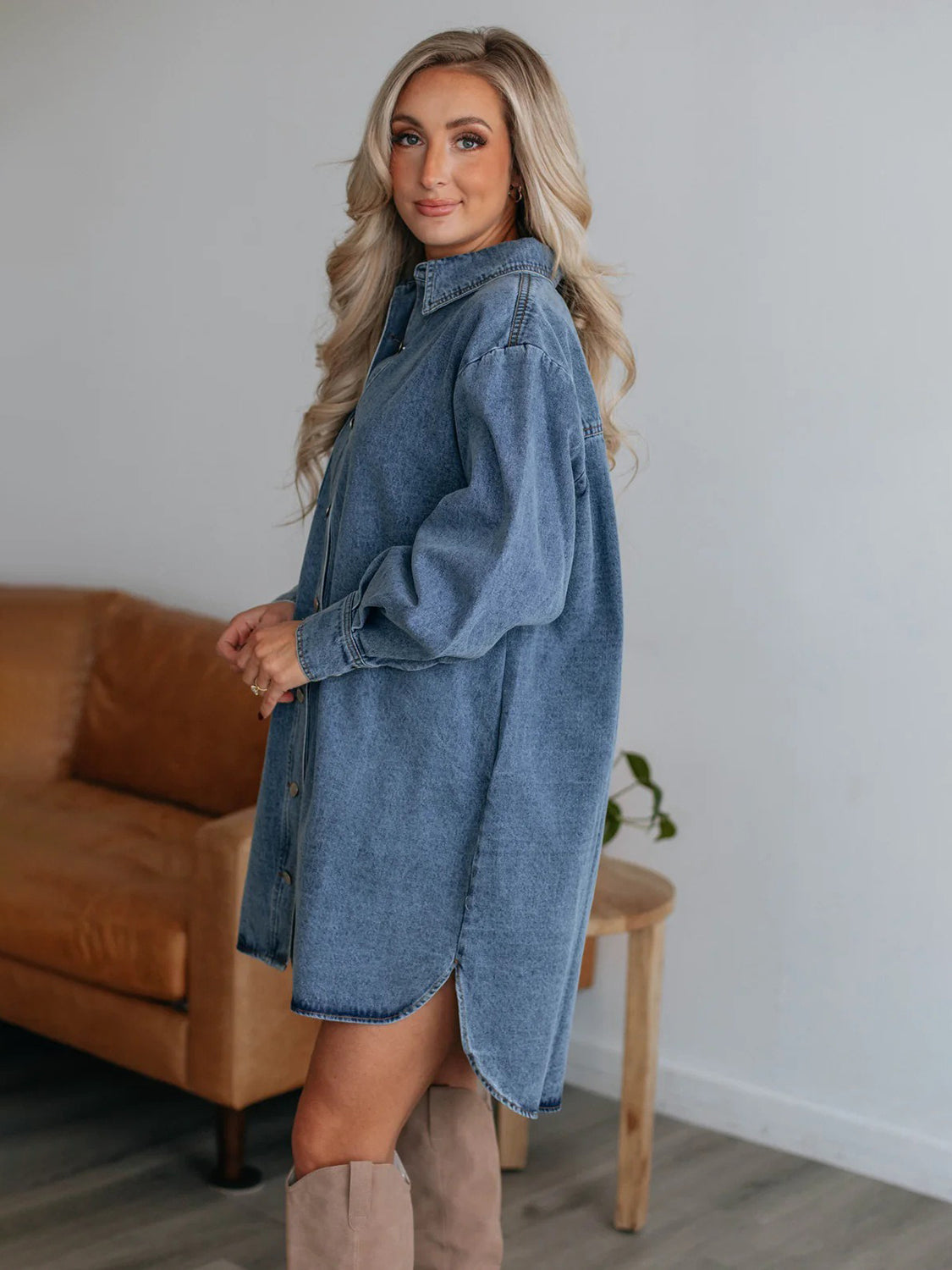 Blue Zone Planet | Button Up Collared Neck Long Sleeve Denim Dress-TOPS / DRESSES-[Adult]-[Female]-2022 Online Blue Zone Planet