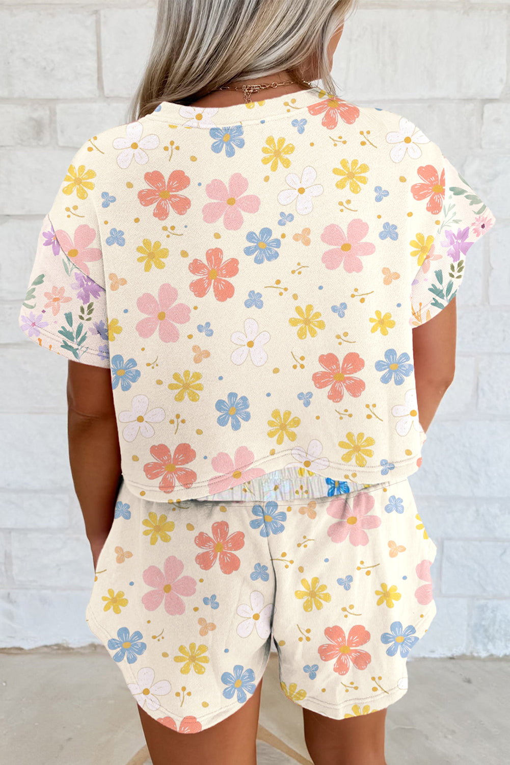 Apricot Floral Print Crop Top Wide Leg Short Set-Two Piece Sets/Short Sets-[Adult]-[Female]-2022 Online Blue Zone Planet
