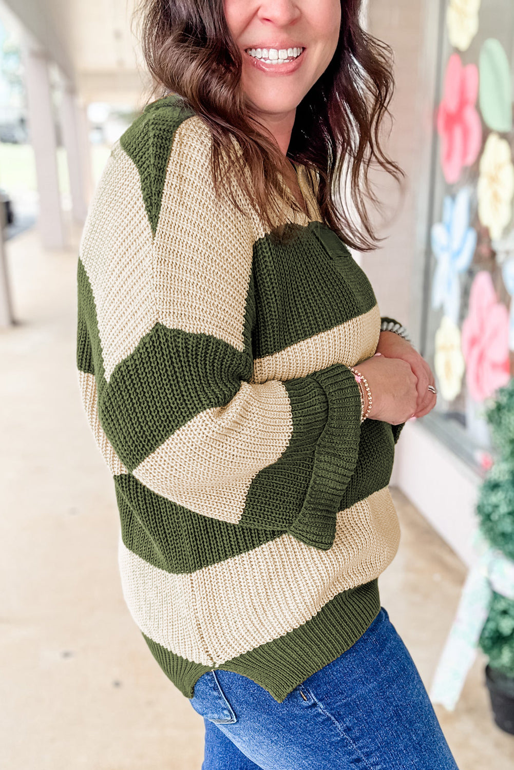 Green Stripe Colorblock Notched Neck Plus Size Sweater-Plus Size/Plus Size Sweaters & Cardigans-[Adult]-[Female]-2022 Online Blue Zone Planet