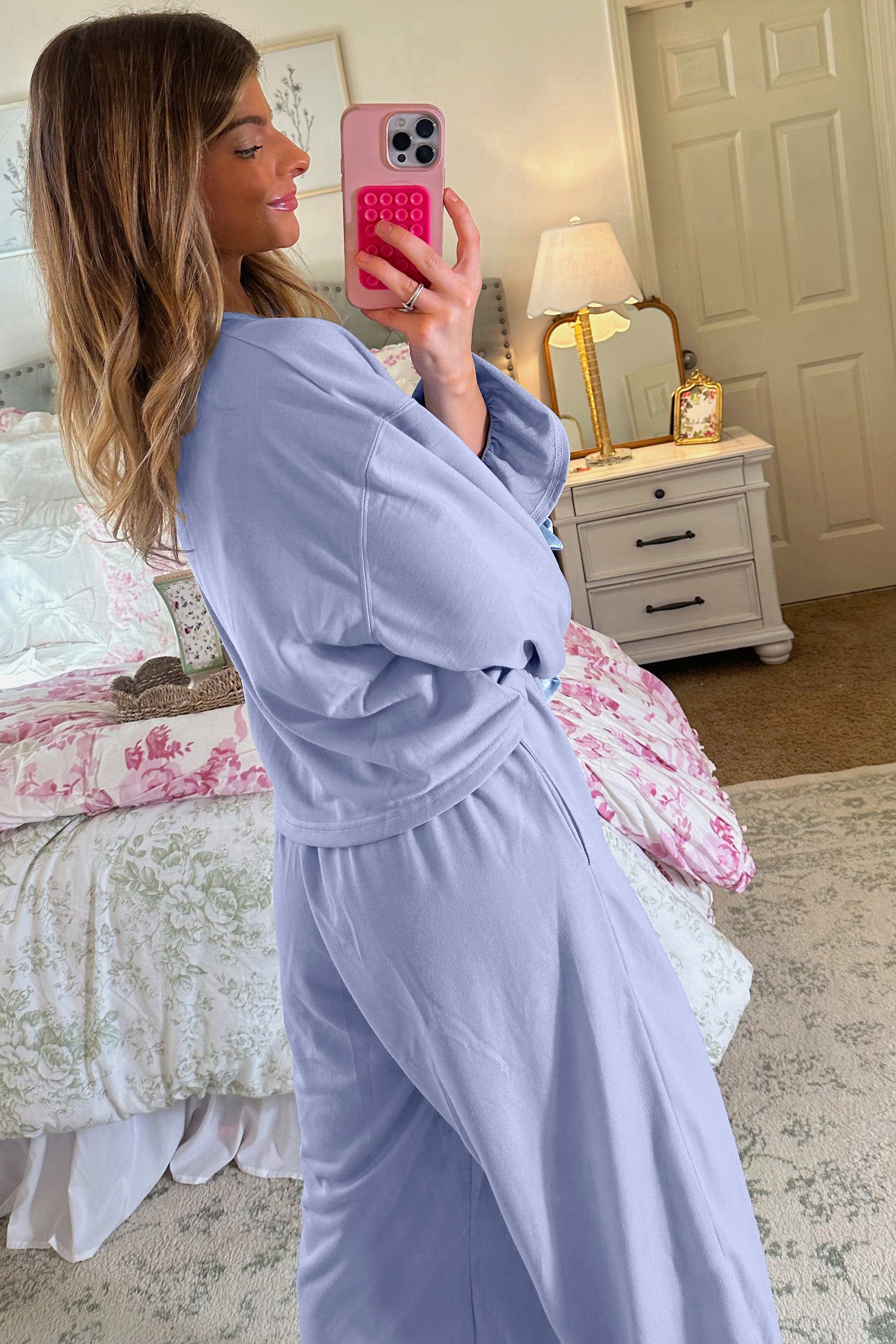 Beau Blue Flounce Long Sleeve Top Drawstring Pants Contrast Velvet Bow Knot 2pcs Lounge Set-Loungewear & Sleepwear/Loungewear-[Adult]-[Female]-2022 Online Blue Zone Planet