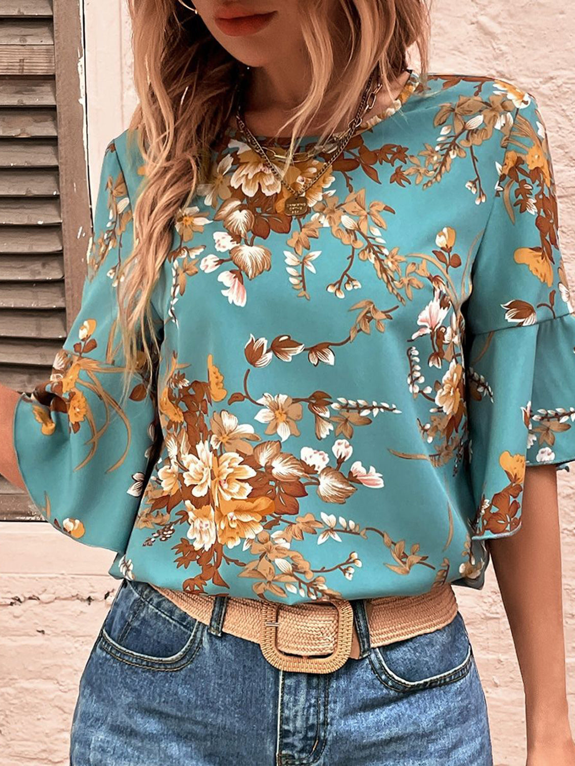 Printed Round Neck Half Sleeve Blouse-TOPS / DRESSES-[Adult]-[Female]-2022 Online Blue Zone Planet