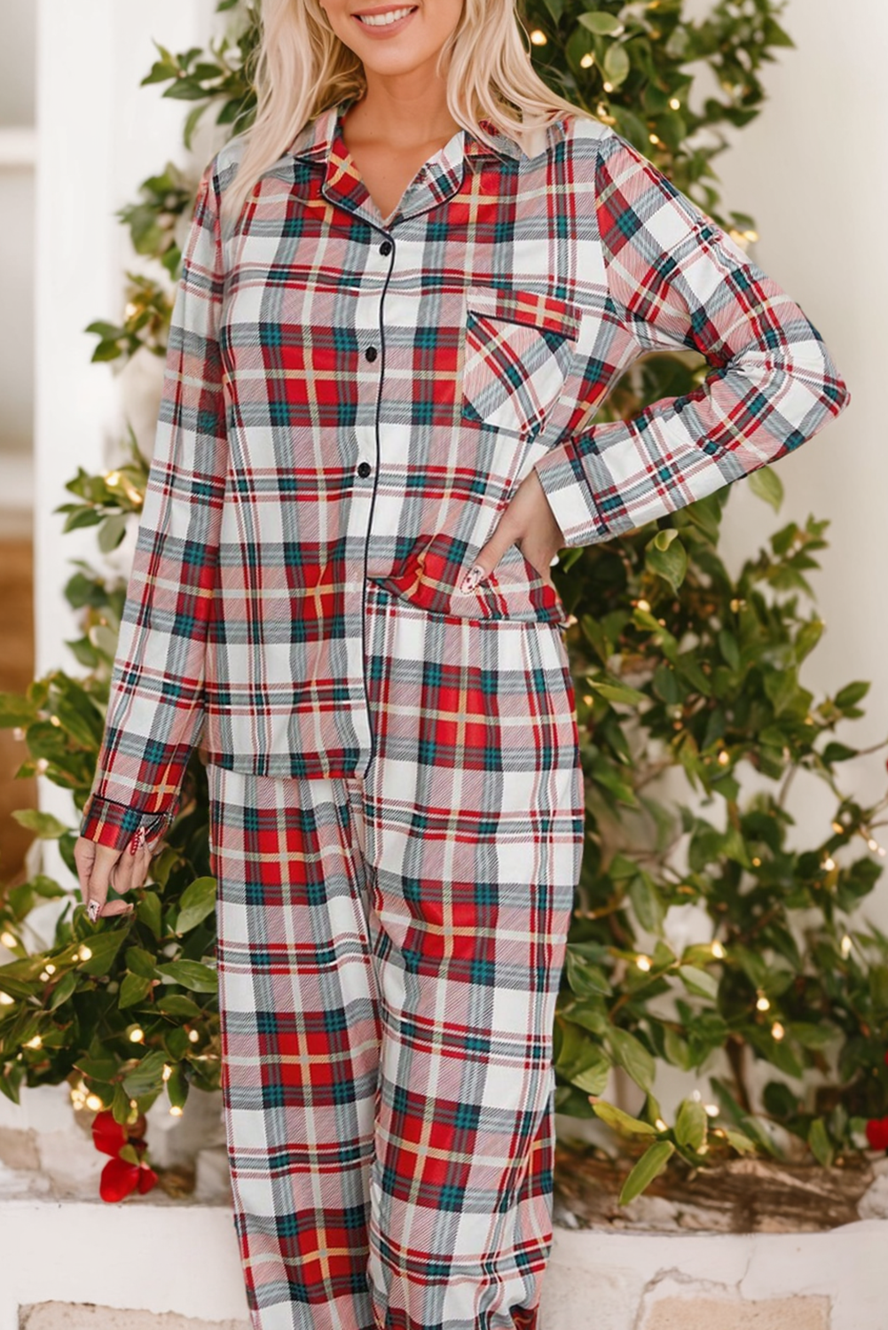 Red Christmas Plaid Print Two Piece Long Sleeve Pajamas Set-Loungewear & Sleepwear/Sleepwear-[Adult]-[Female]-2022 Online Blue Zone Planet