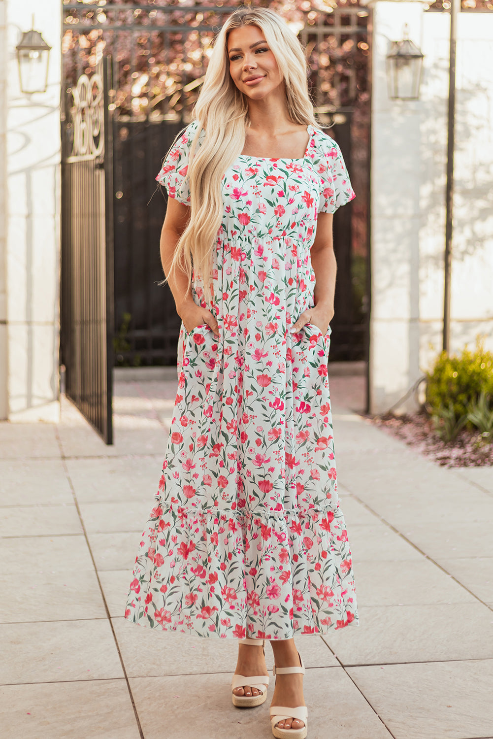Pink Floral Puff Sleeve Square Neck Empire Waist Tiered Maxi Dress-Dresses/Floral Dresses-[Adult]-[Female]-2022 Online Blue Zone Planet
