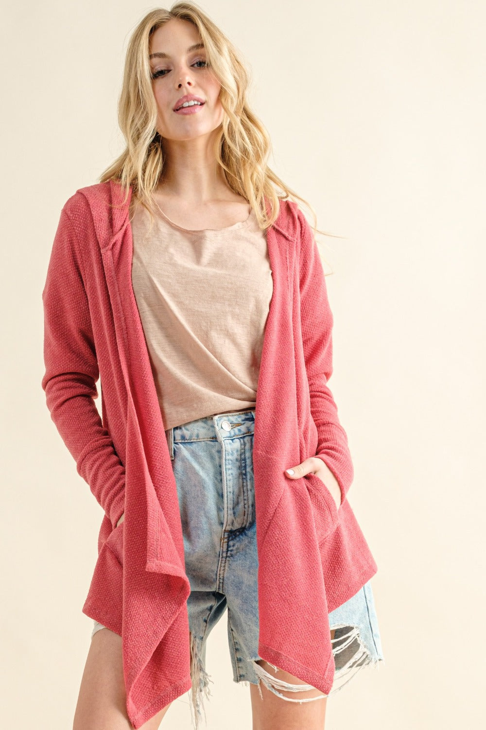 And The Why Full Size Thermal Hooded Open Front Cardigan with Pockets-TOPS / DRESSES-[Adult]-[Female]-Rose Pink-S-2022 Online Blue Zone Planet