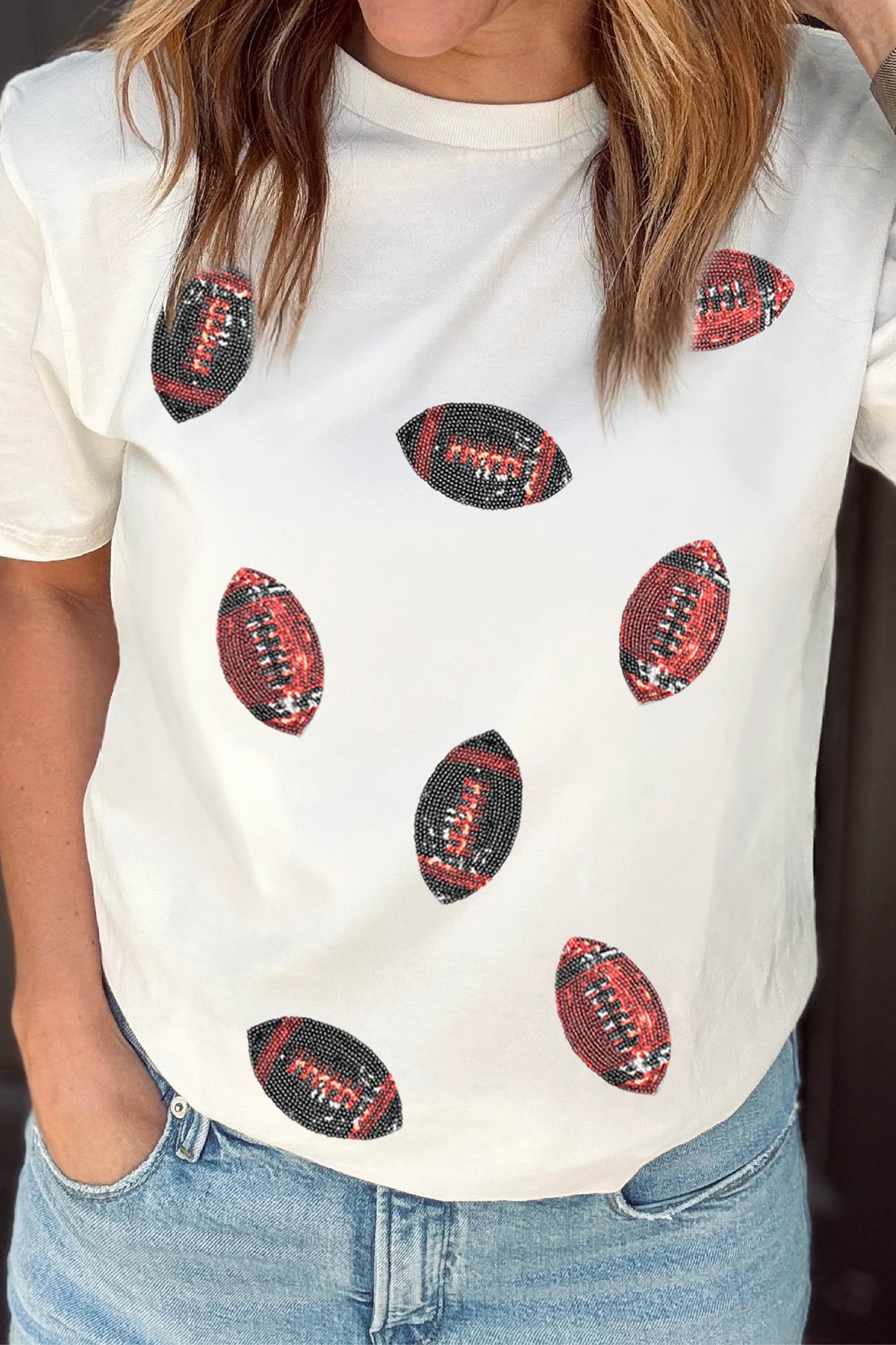 White Sequin Rugby Pattern Round Neck Casual T Shirt