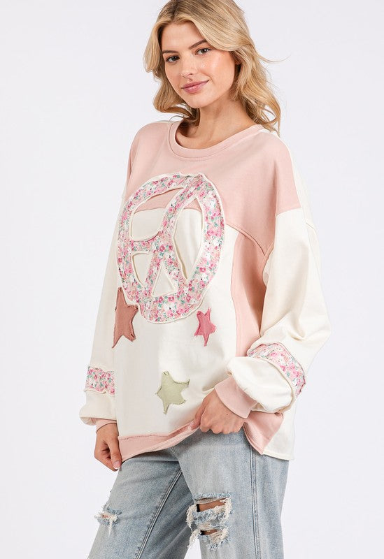 SAGE + FIG Peace & Star Patch Contrast Round Neck Sweatshirt-TOPS / DRESSES-[Adult]-[Female]-2022 Online Blue Zone Planet