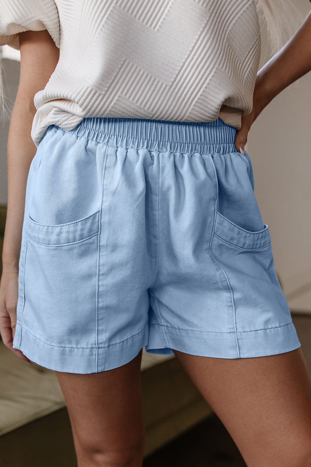 Beau Blue Light Wash Pocketed Wide Leg Denim Shorts-Bottoms/Denim Shorts-[Adult]-[Female]-2022 Online Blue Zone Planet