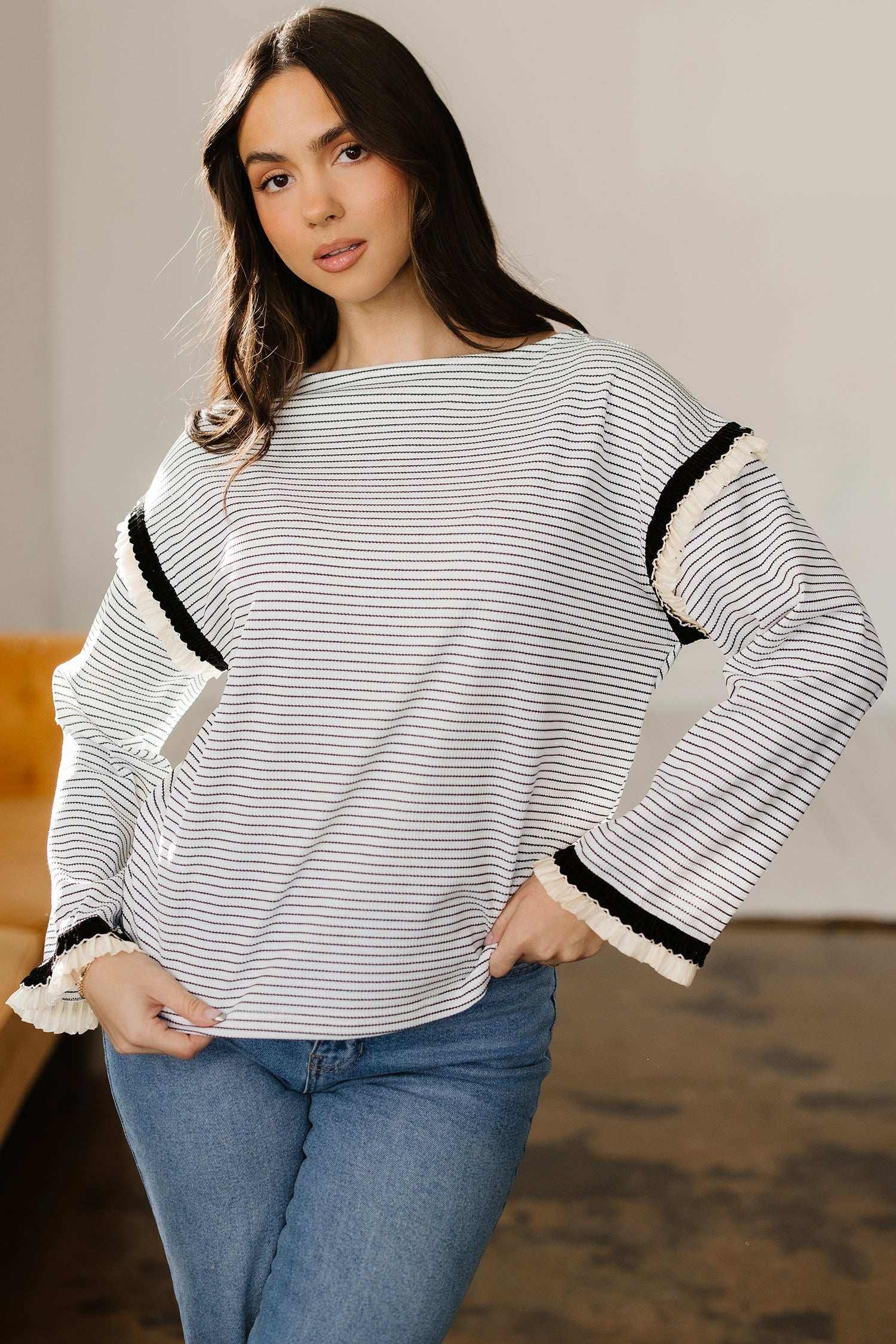 White Stripe Contrasted Ruffle Trim Loose Long Sleeve Top-Tops/Long Sleeve Tops-[Adult]-[Female]-2022 Online Blue Zone Planet