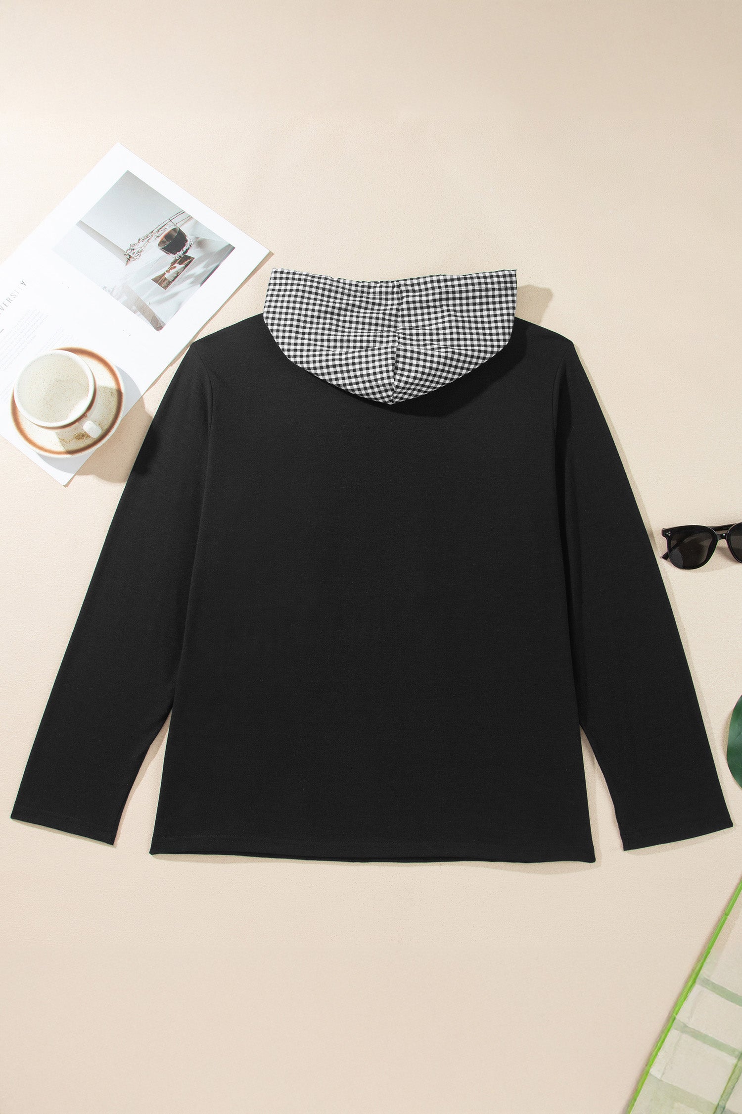 Black Hooded Gingham Paneling Chest Patch Pocket Long Sleeve Plus Size Blouse-Tops / Dresses-[Adult]-[Female]-2022 Online Blue Zone Planet