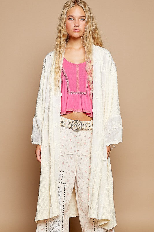 POL Flower Lace Trim Open Front Longline Cardigan-TOPS / DRESSES-[Adult]-[Female]-Cream-S/M-2022 Online Blue Zone Planet