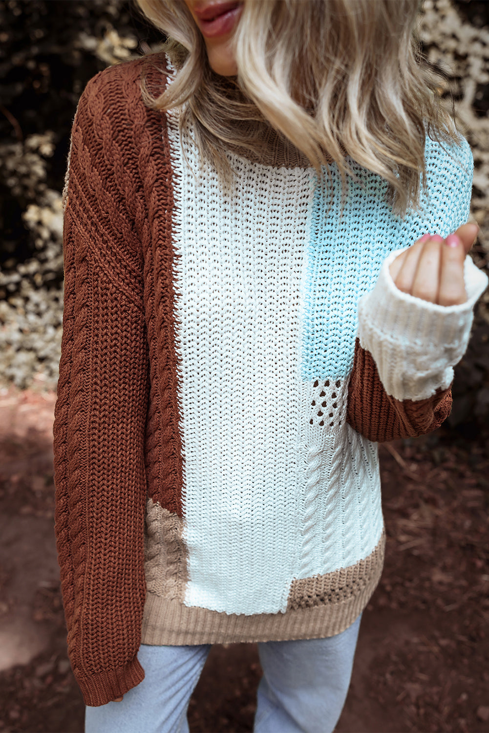 Blue Zone Planet | Khaki Mix Textured Knit Colorblock Patchwork Sweater-Sweaters & Cardigans/Sweaters-[Adult]-[Female]-2022 Online Blue Zone Planet