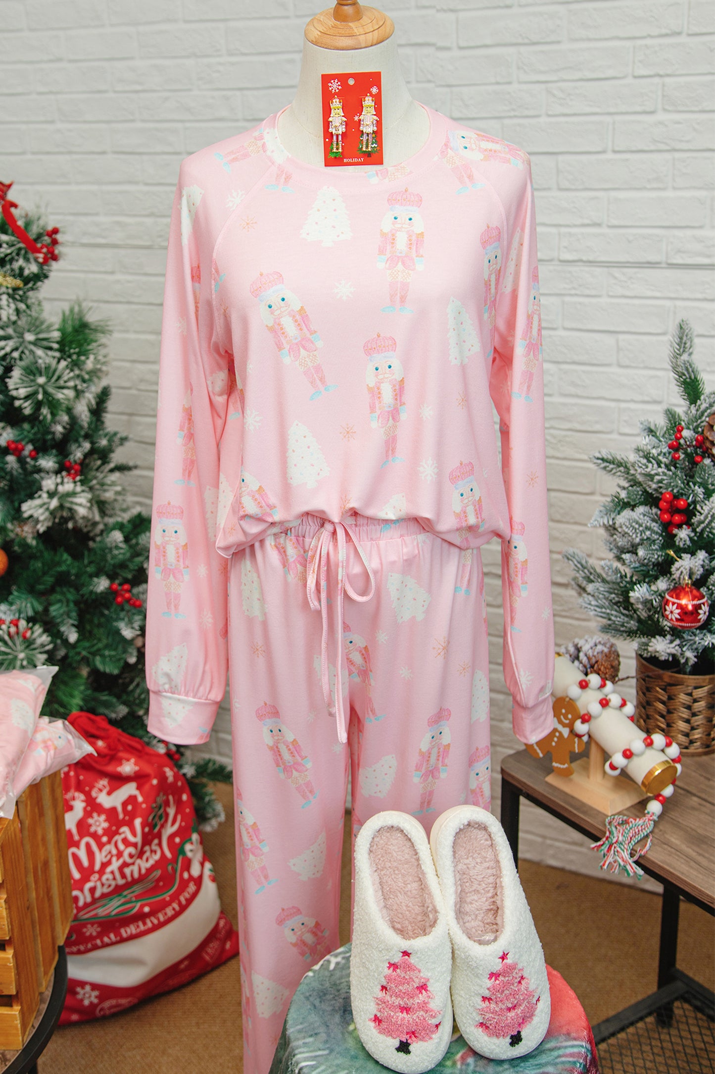 Pink Christmas Tree Nutcracker Print 2pcs Lounge Pant Set-Loungewear & Sleepwear/Loungewear-[Adult]-[Female]-2022 Online Blue Zone Planet