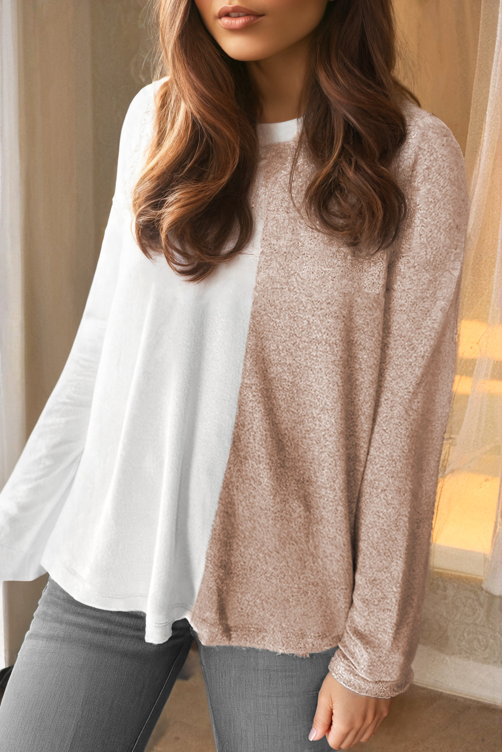 Khaki Colorblock Long Sleeve Crew Neck Top-Tops/Long Sleeve Tops-[Adult]-[Female]-2022 Online Blue Zone Planet